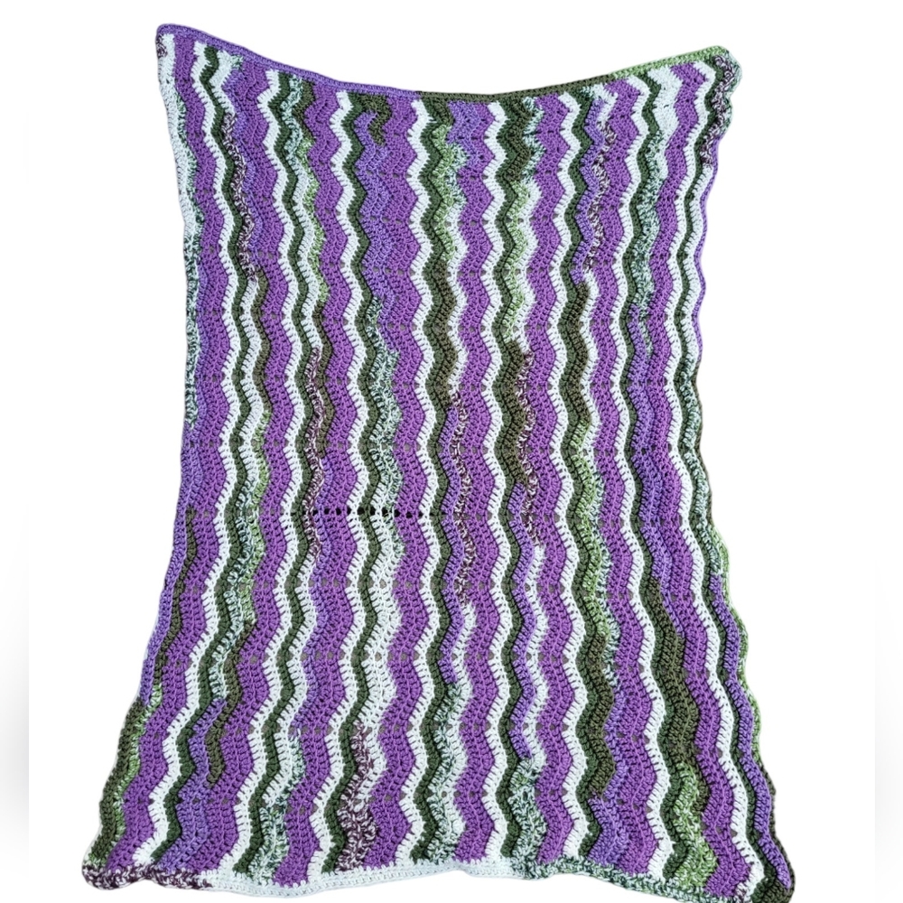 Vintage handmade purple, green, and white afghan blanket
